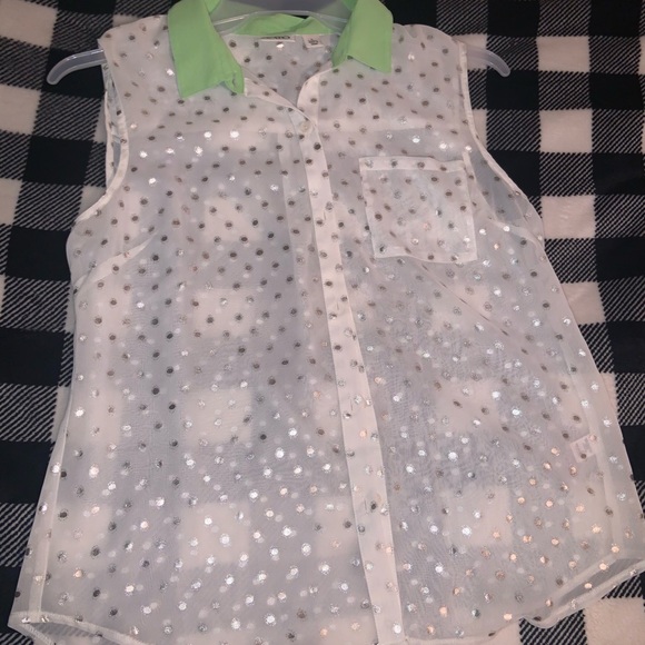 Tops - White and silver polka dot,and green vest with buttons